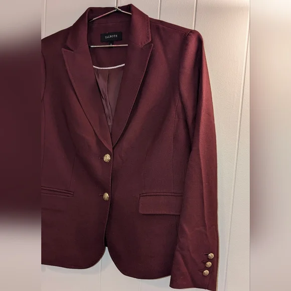 Talbots burgundy tailored blazer with gold crest buttons. - Picture 2 of 9